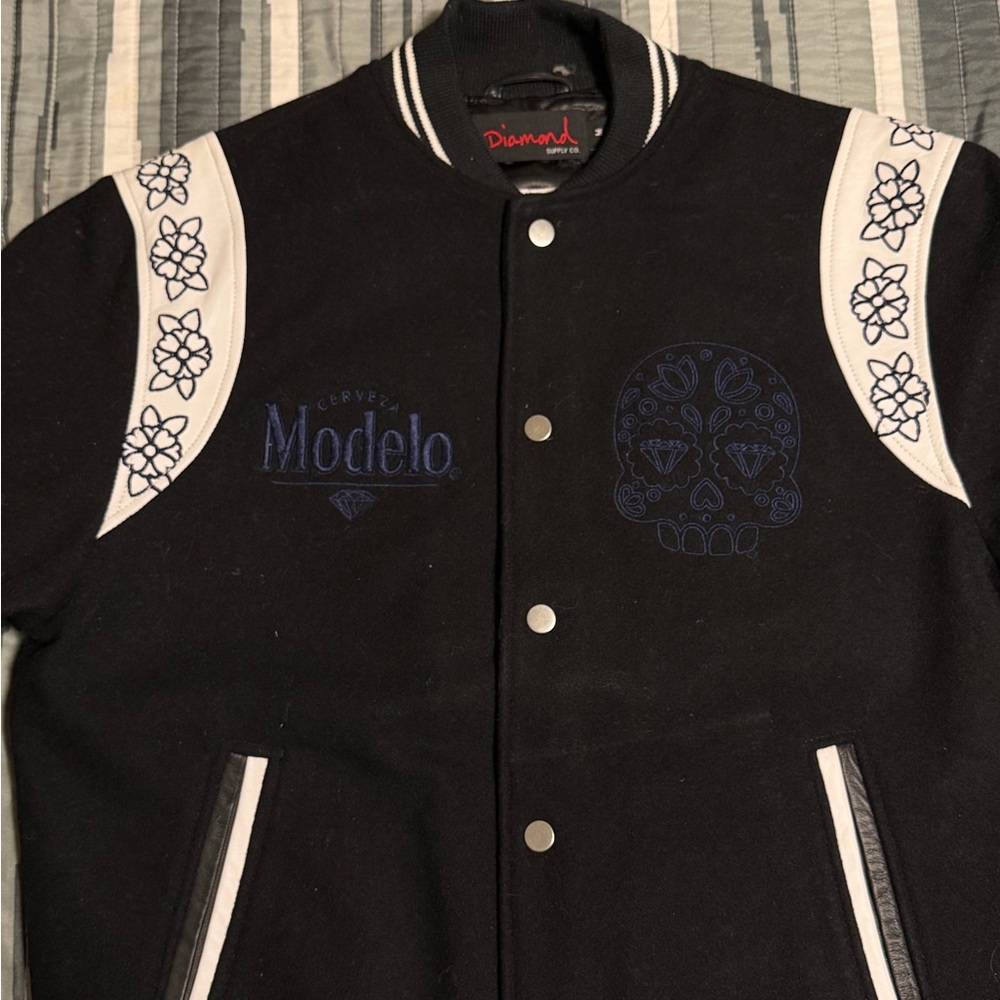 Diamond Supply Co. Black Varsity Jacket with White and Blue Accents